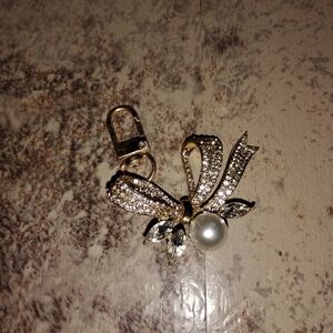 Elegant Gold and Silver Bow Pendant Keychain With A Pearl Not Real